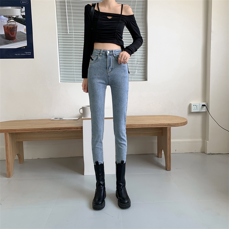 Xiaozhainv Quần jeans nữ lưng cao dáng ôm phong cách Hàn Quốc
