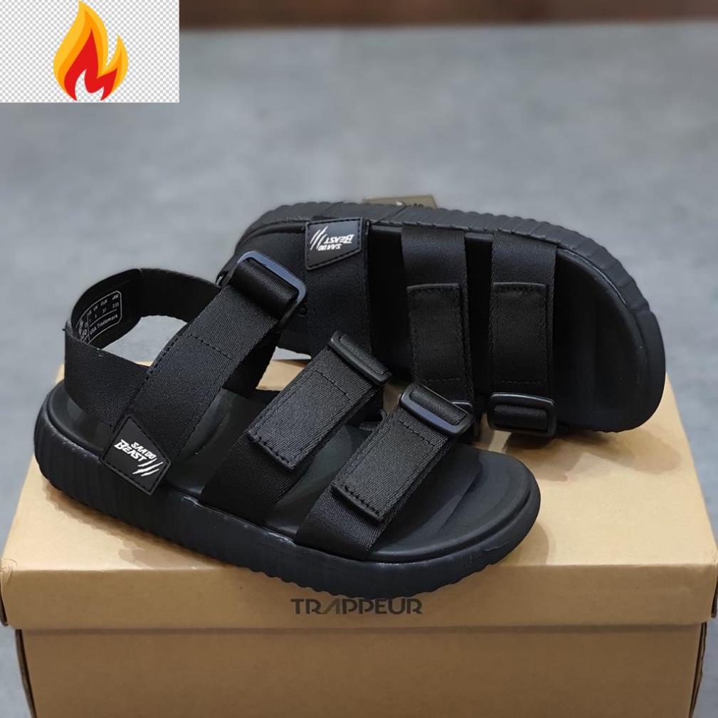 Sandal Saado chính hãng 3 quai Beast BE03 màu full đen Black Wolf nam nữ, Dép quai hậu đế yezi cao 3cm quai ngang -JKB&*