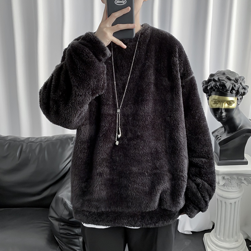 【S-3XL】Áo Sweater nỉ cổ tròn dáng rộng màu trơn giữ ấm mùa đông thời trang cho nam