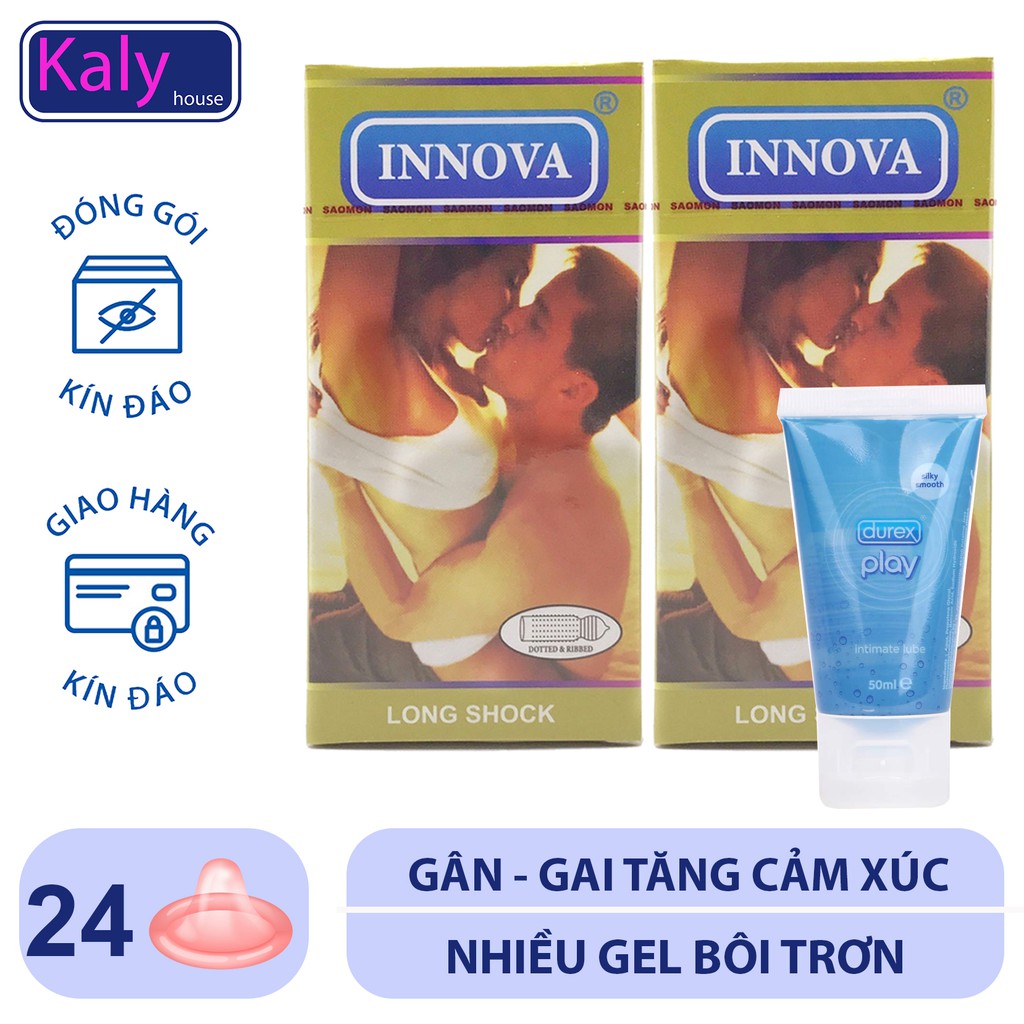 Combo 2 hộp Bao Cao Su Kéo Dài Thời Gian Quan Hệ có Gân và Gai Innova Vàng (Hộp 12 bao x 2 hộp).+ tăng gel durex 50ml.