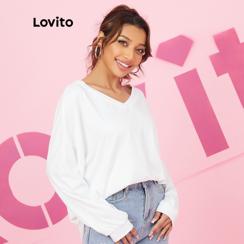 Áo thun Lovito cổ chữ V màu trơn phong cách cơ bản thường ngày L16X118 (Trắng)