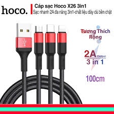 Cáp Sạc 3 Đầu Hoco X26 Cho Iphone/ Micro USB/Type C-Dây Sạc Đa Năng Dây Dù Chống Đứt-Bảo Hành Chính Hãng 12T-CÁP ANDROID