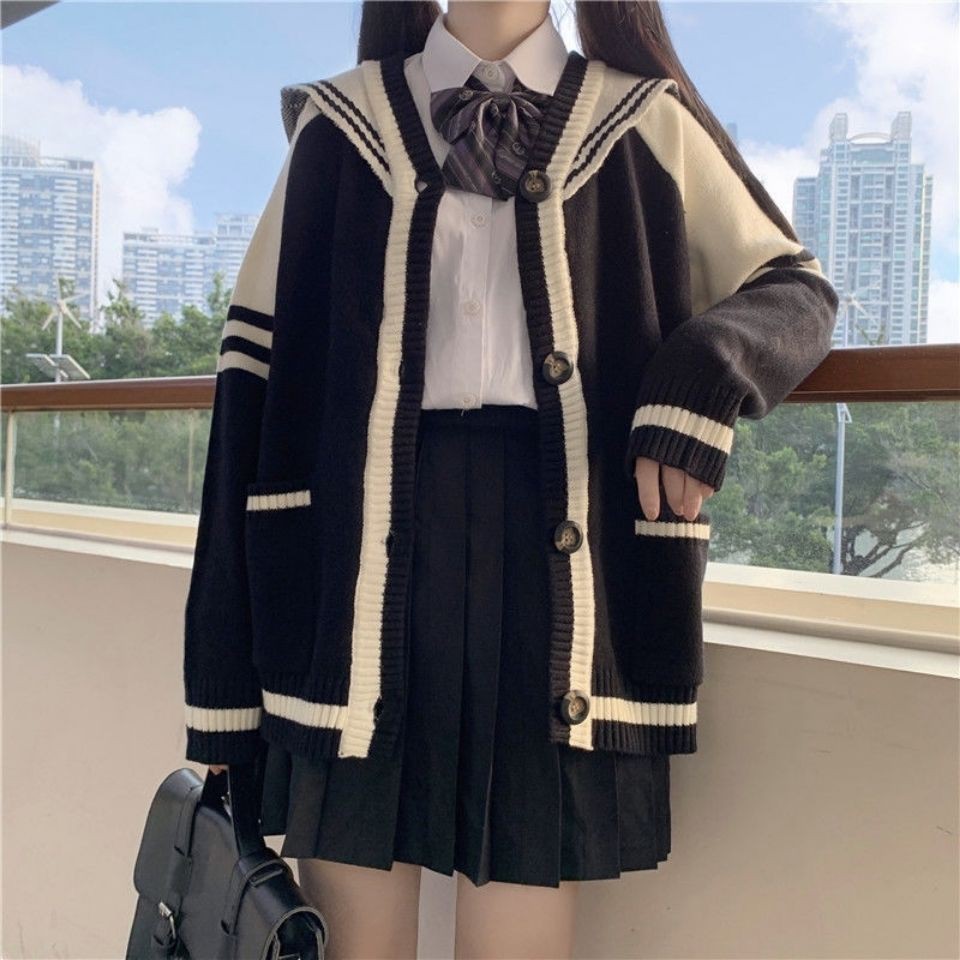 Áo Khoác Cardigan Dệt Kim Dáng Rộng Cổ Thủy Thủ Xinh Xắn Cho Nữ