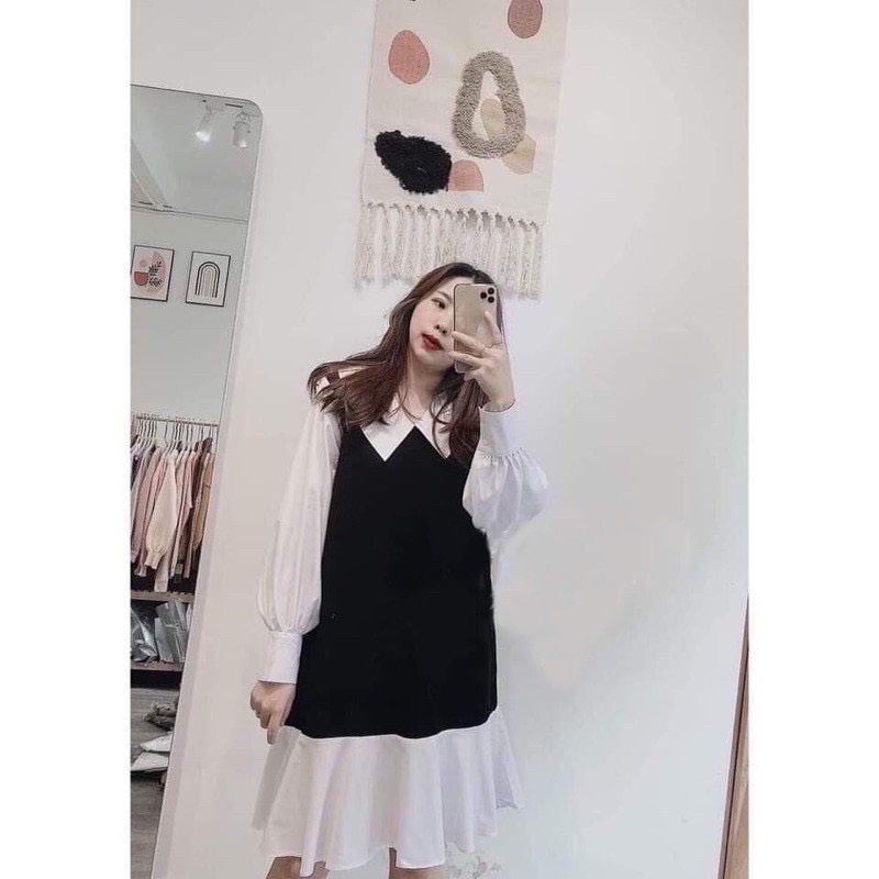 Váy Babydoll Nữ Đen Dài Tay Cổ Sen Trắng 🦋 Đầm Nữ Tay Bèo Đuôi Cá Phối Màu Thanh Lịch