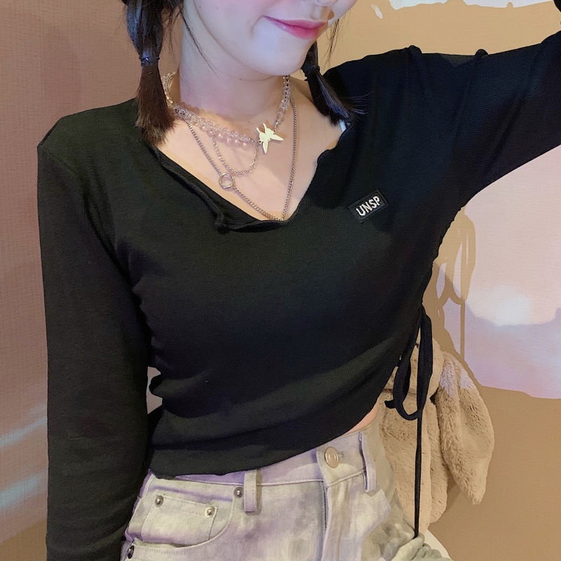 Áo Thun Dài Tay Cổ Chữ V Thiết Kế Dây Rút Phong Cách Phương Tây Mới Cho Nữ