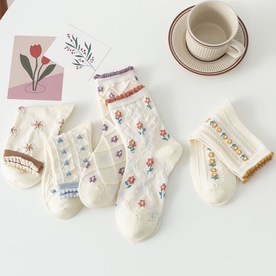 Vớ tất lolita cổ cao xoăn viền cổ hoa nổi