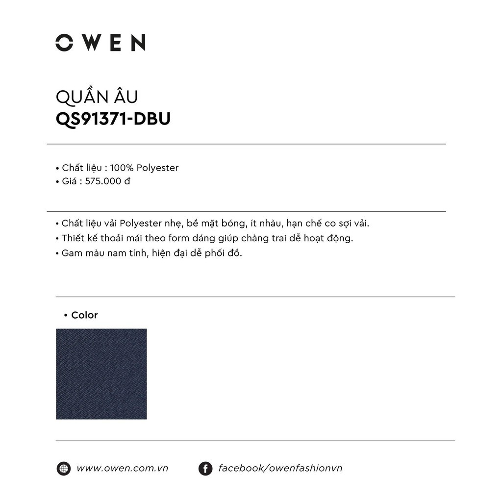 Sale Chính Hãng OWEN - Quần âu nam Owen SLIMFIT màu xanh tím than 91371 hot 🌺 neww * ! % * ᵛ ' .