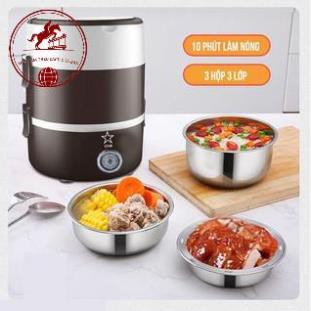 Hộp Mang Cơm Văn Phòng, Cặp Lồng Hâm Nóng Thức Ăn Cắm Điện 3 Tầng Inox Lunchbox, Bảo Hành 12 Tháng