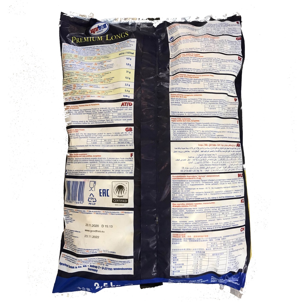 Khoai Tây Chiên Agrarfrost Premium Longs Đức Đông Lạnh Gói Chiết 600g / Nguyên 2,5kg