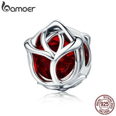 Mặt Trang Sức BAMOER SCC568 Bạc 925 Khắc Hình Hoa Đính Đá Màu Đỏ Tinh Tế Sang Trọng