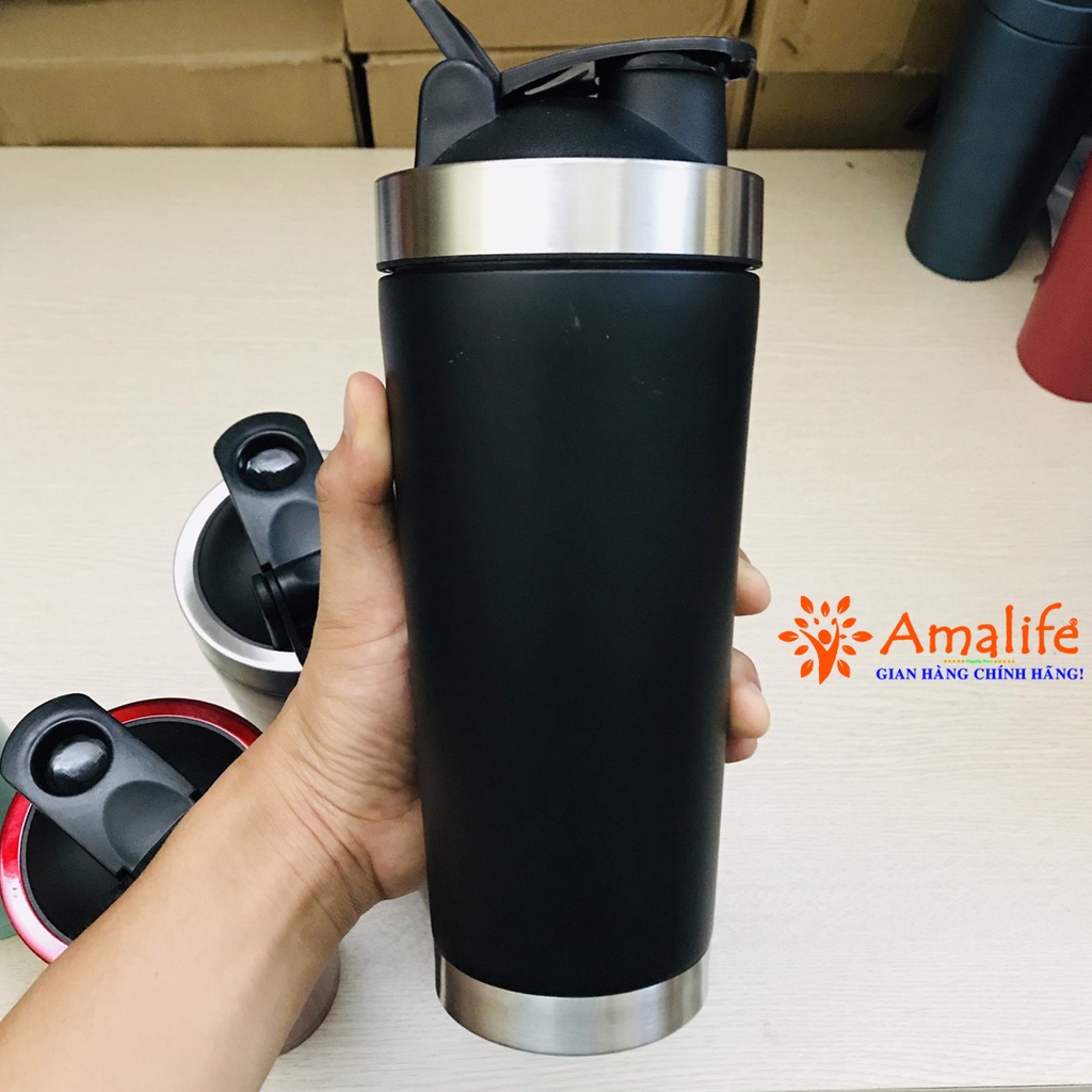 [Màu ĐEN Bạc] Bình Lắc Shaker Đựng Nước Inox 800ml – Màu Đen Bạc - Tập Gym Thể Thao Chính Hãng Amalife – Kèm Bóng Lò Xo