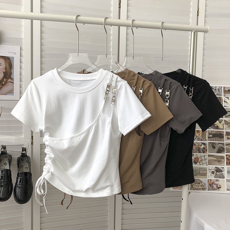 Áo Thun Croptop Cổ Tròn Tay Ngắn Phong Cách Hàn Quốc Thời Trang Mùa Hè Xinh Xắn Cho Nữ