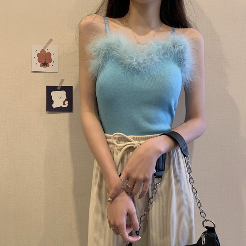 Áo Hai Dây Dệt Kim Mỏng Màu Sắc Trơn Lông Vũ Gợi Cảm xiangbao Cho Nữ