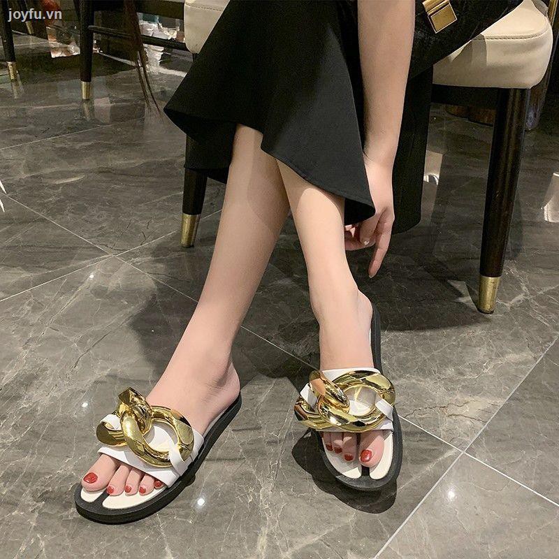 Net celebrity fashion metal chain flat sandals slippers women summer wear new year thick bottom one word