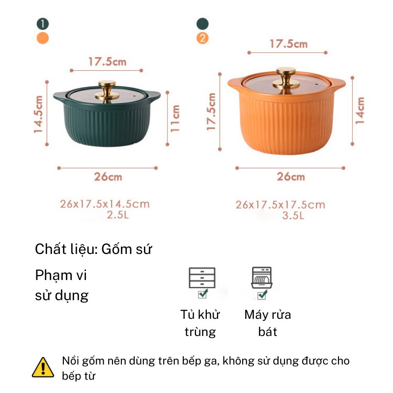 Nồi hầm cháo, nồi gốm sứ ninh kho hầm cao cấp màu cam và xanh cổ vịt nắp kính tiện dụng sang trọng