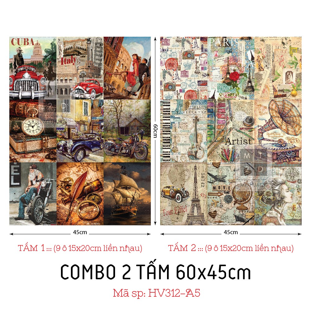 COMBO 2 TẤM DECAL TRANG TRÍ VINTAGE - RETRO, KT: 60x45cm x 2 tấm