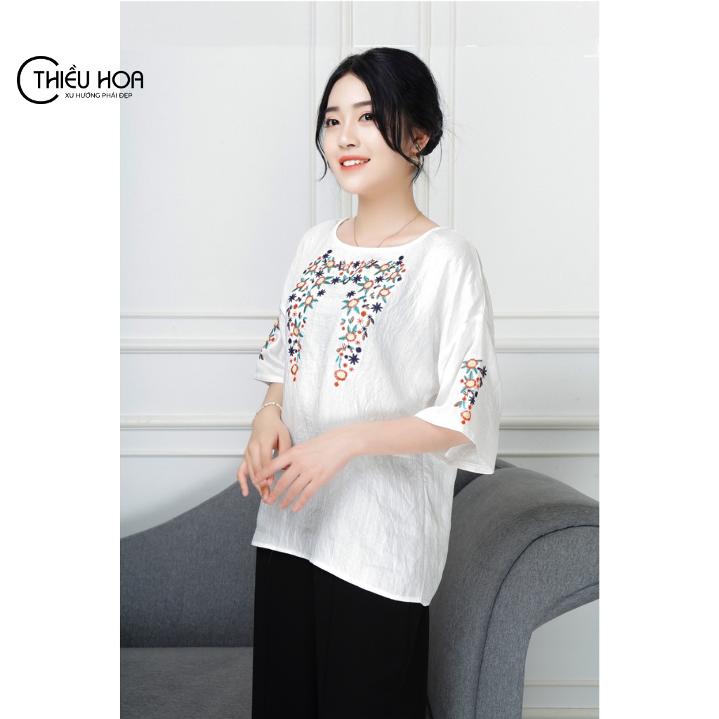 Áo tay lỡ Linen Thiều Hoa họa tiết thêu tay tỉ mỉ sang trọng, mặc vô cùng thoáng mát H0212