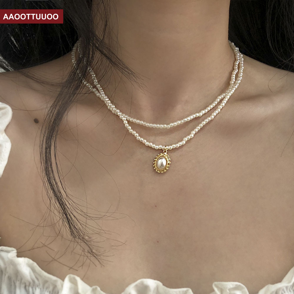 Vòng cổ choker kết hạt ngọc trai giả thiết kế 2 lớp phong cách retro sành điệu