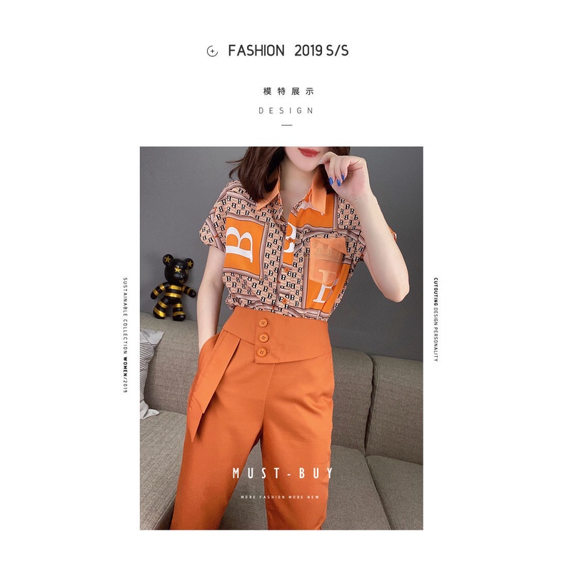 Set áo ngắn tay + quần dài màu tương phản thời trang cho nữ