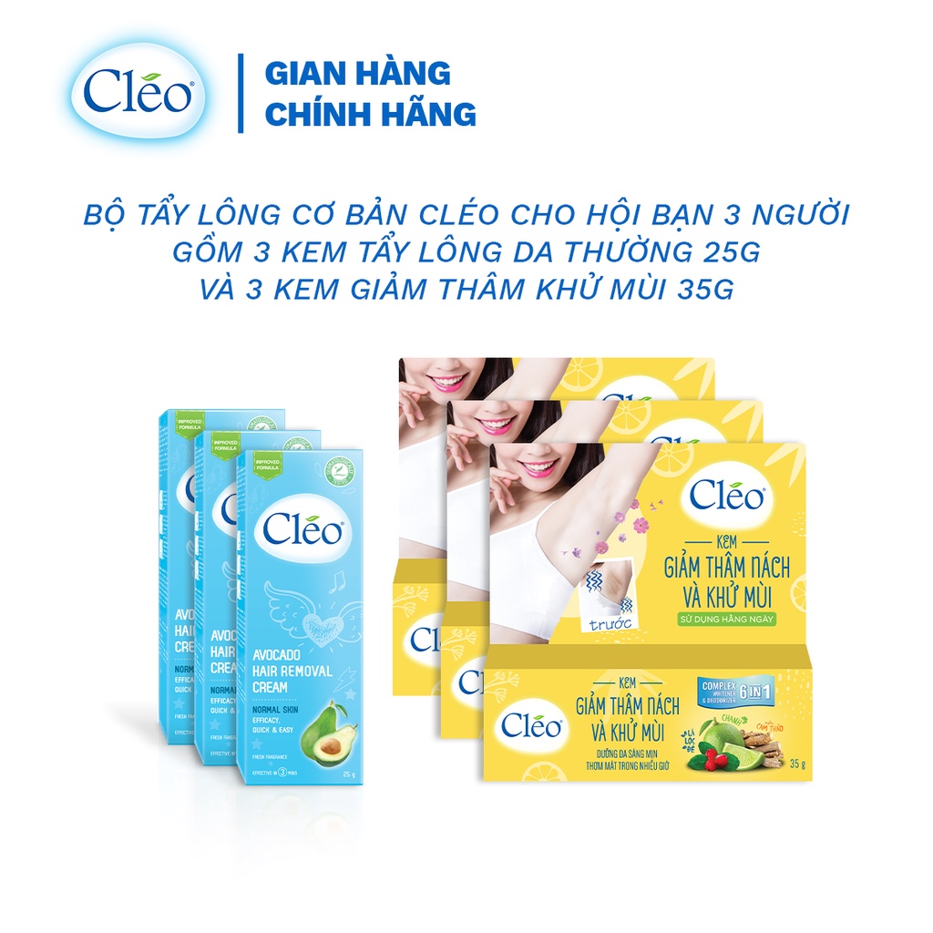 Bộ tẩy lông nách cơ bản Cleo cho hội bạn 3 người gồm 3 kem tẩy lông nách da thường 25g và 3 kem giảm thâm khử mùi 35g