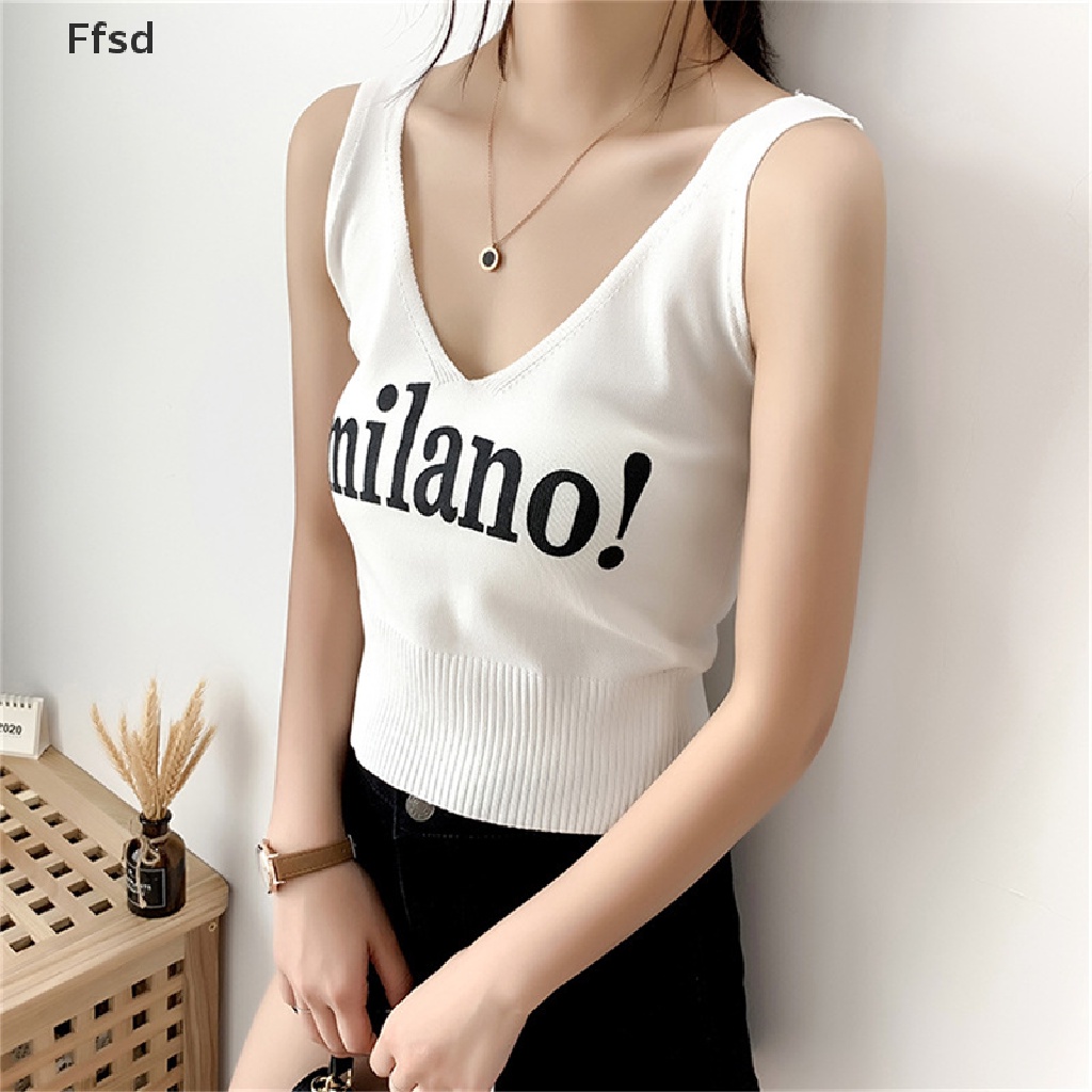 {Ffsd} Áo Crop Top Dệt Kim Hai Dây Cổ Chữ V Khoét Sâu In Chữ Thời Trang Mùa Hè Cho Nữ