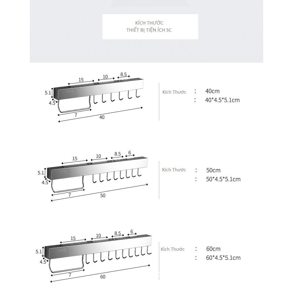 Giá Treo Dao, Kệ Treo Dao Đa năng INOX SUS 304 Dán Tường Gạch Men ( Có Kèm Keo Dán - 3 Kích Thước 40 -50 -60 CM )