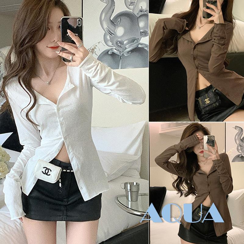 Áo Sơ Mi Tay Dài Cổ Chữ V Màu Trơn Cài Khuy Thời Trang Đường Phố Cho Nữ