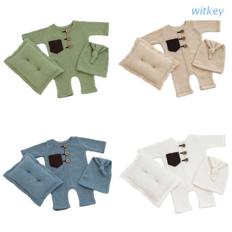 Bộ 3 Món Áo Liền Quần Co Giãn Thắt Nút + Nón Ngủ Dễ Thương Làm Phụ Kiện Chụp Ảnh Cho Bé Sơ Sinh