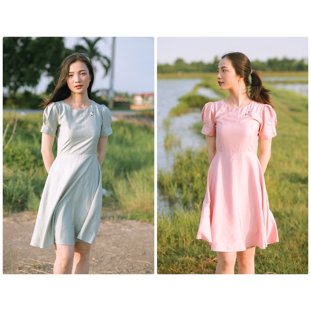 Đầm xòe cổ tròn tơ xước thêu hoa D210536 (xanh mint, hồng)