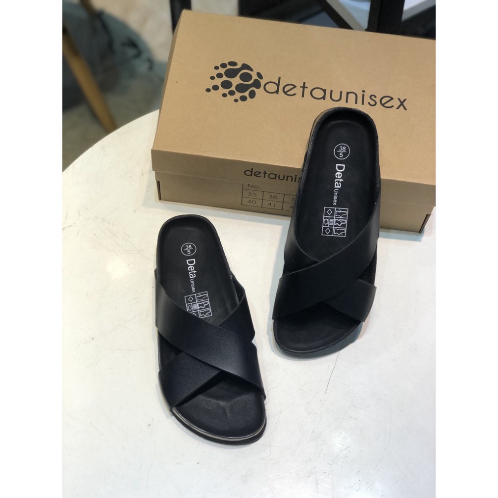 Dép Nam Nữ Quai Chéo Đế Trấu Màu Đen Trắng Êm Chân Full Đen Detaunisex Mã DETA23