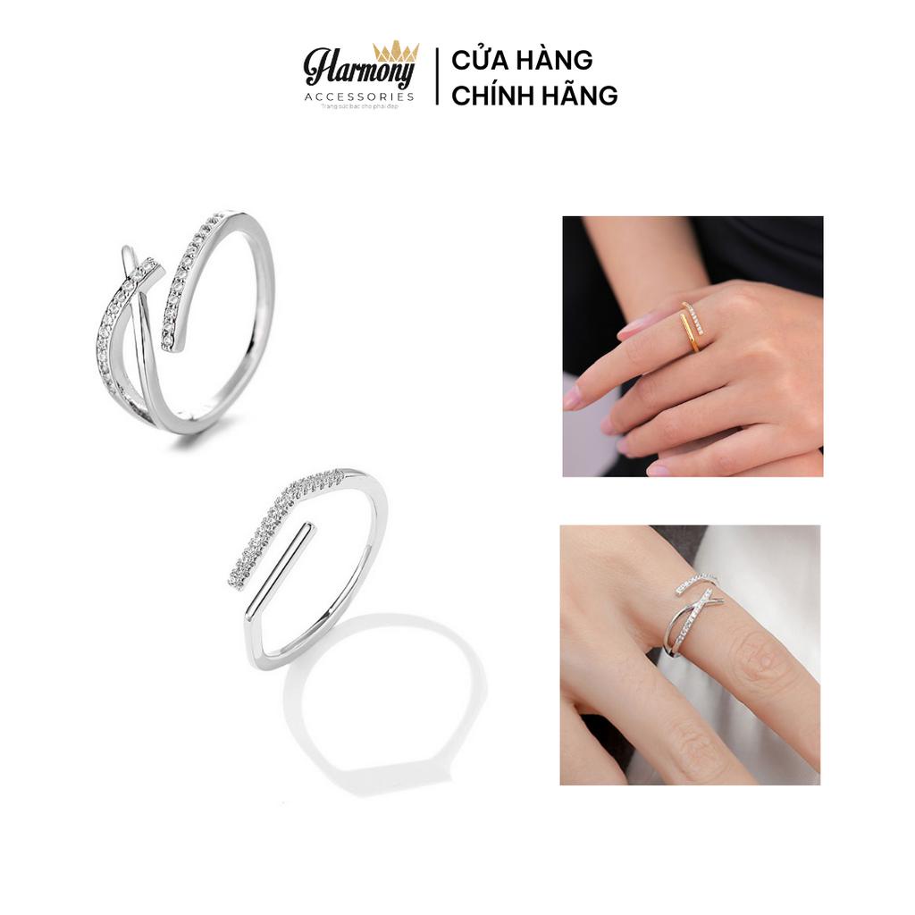 Set nhẫn nữ bạc 925 Cut Line và đa giác đính đá đơn giản dáng hở freesize  | HARMONY ACCESSORIES N20 N23