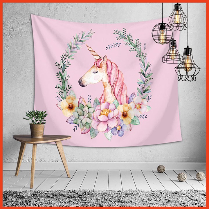 [TẶNG KÈM MÓC TREO VÀ ĐÈN NHÁY] Thảm vải treo tường - Tranh trang trí tường hình ngựa hồng siêu đáng yêu