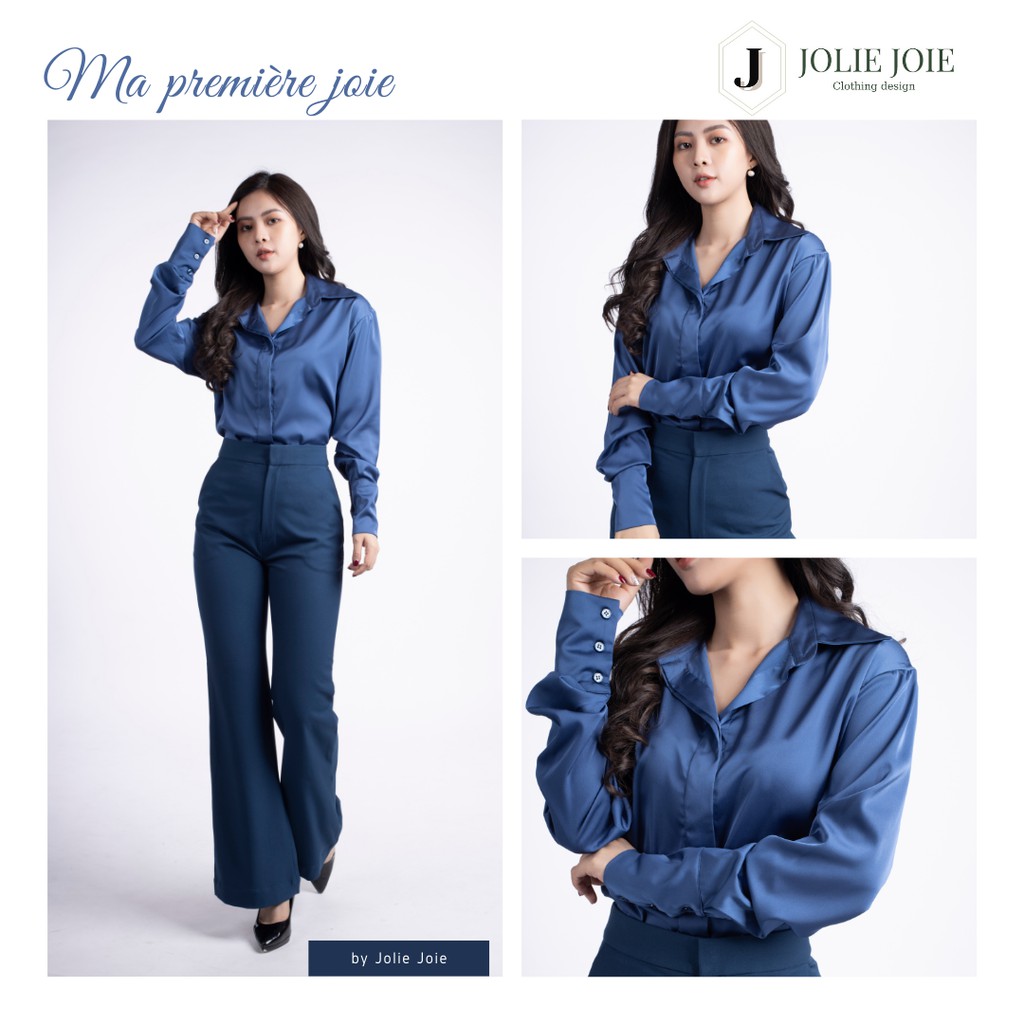 Áo sơ mi nữ dài tay cổ cách điệu (xanh olive/xanh blue) - SILK BLOUSE