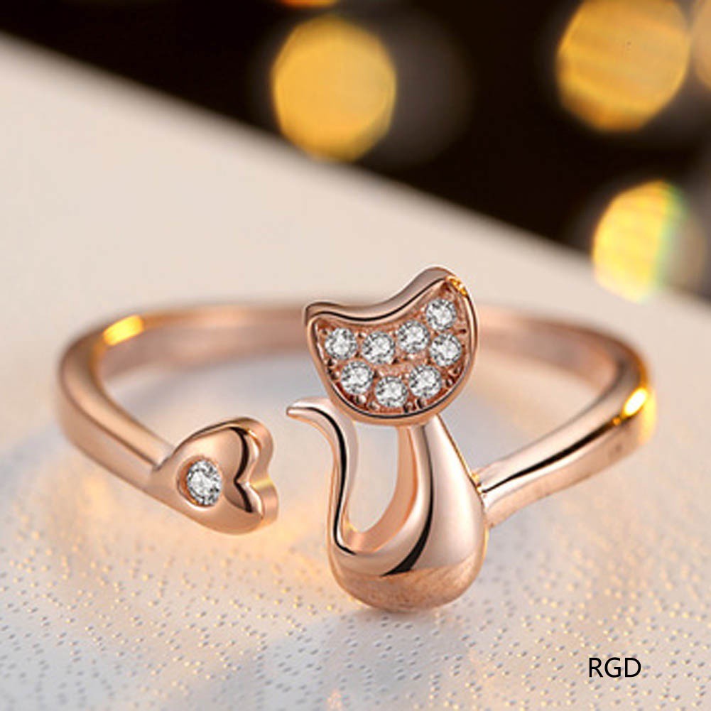 Nhẫn đeo tay kim loại tạo hình mèo con đính đá dễ thương cho nữ