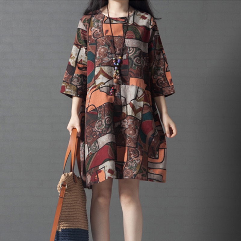 【COD】Women Dresses Plus Size Retro Print Dress Casual Cotton Linen Dresses Korean-style Dress Women