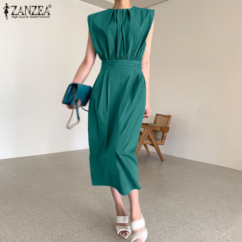 Đầm midi Zanzea không tay cổ tròn màu trơn có khóa kéo sau lưng thanh lịch dành cho nữ