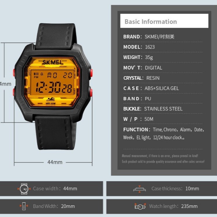 Đồng hồ điện tử SKMEI 1623 chống thấm nước phong cách thể thao thời trang cho nam và nữ