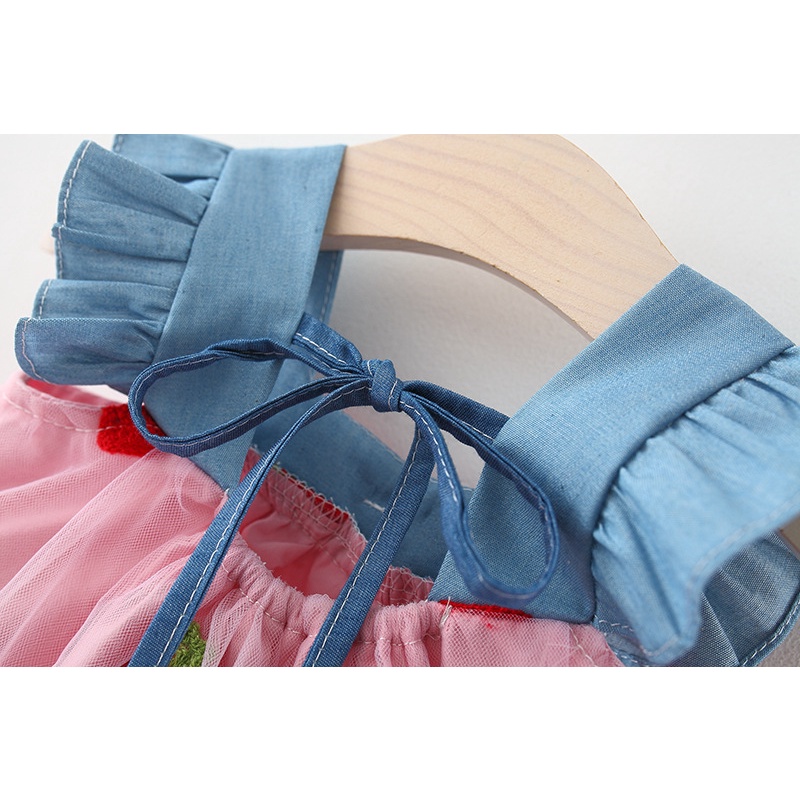 Đầm công chúa không tay chất liệu denim in họa tiết quả dâu tây / anh đào thời trang mùa hè cho bé gái 1-5 tuổi