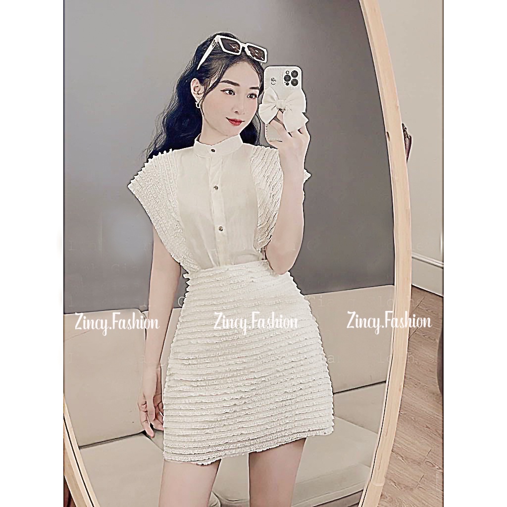 Set bộ Áo sơmi cổ tàu cánh dơi mix chân váy ren nổi đi tiệc đi chơi đi làm Hàng thiết kế SRYD
