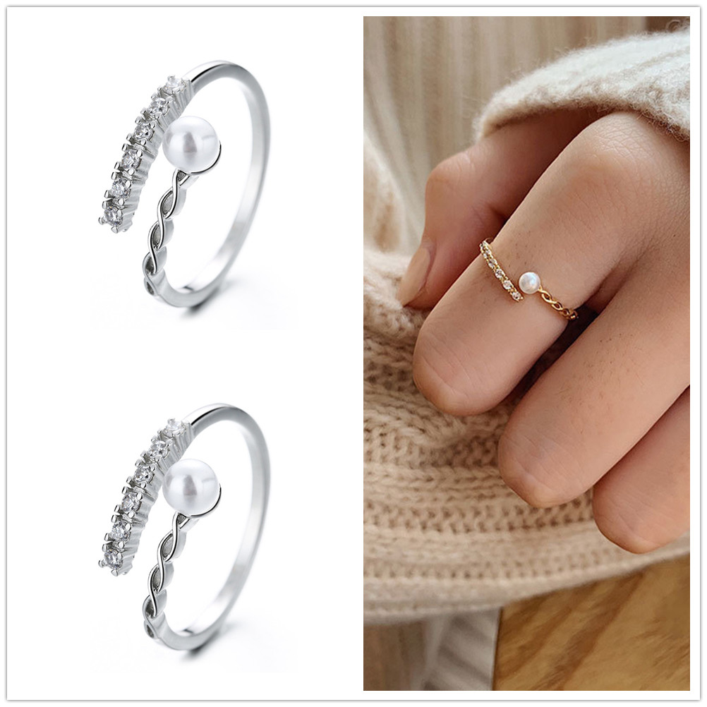 Cod Qipin Korean Elegant Silver Color Pearl Rhinestone Opening Adjustable Finger Index Rings Causal Jewelry