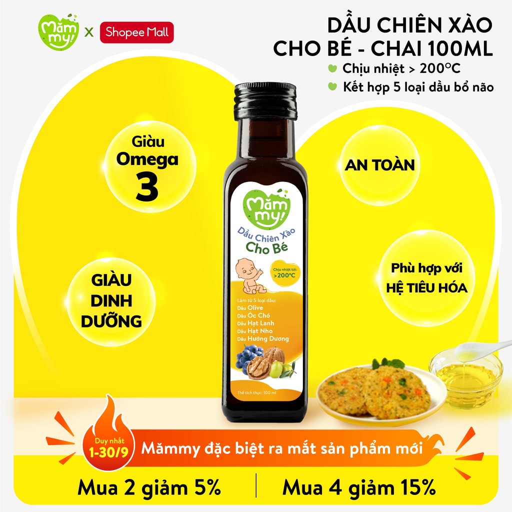 Combo Dầu chiên xào cho bé Mămmy 100ml chịu nóng trên 200 độ C, làm từ 5 loại dầu tốt lành
