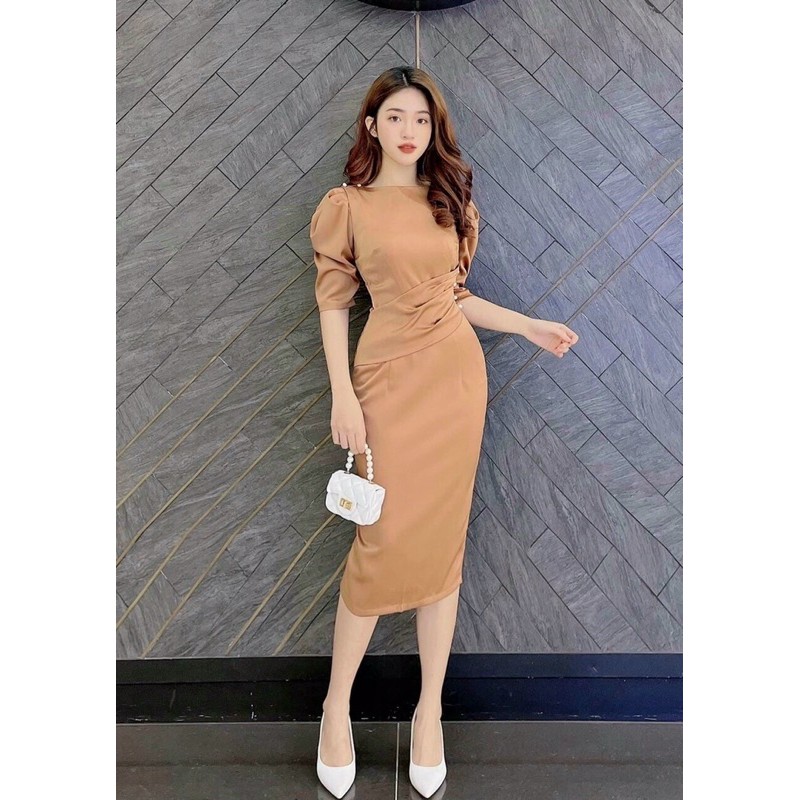 Đầm body trơn thần thánh tay phồng đính cườm cực sang chảnh