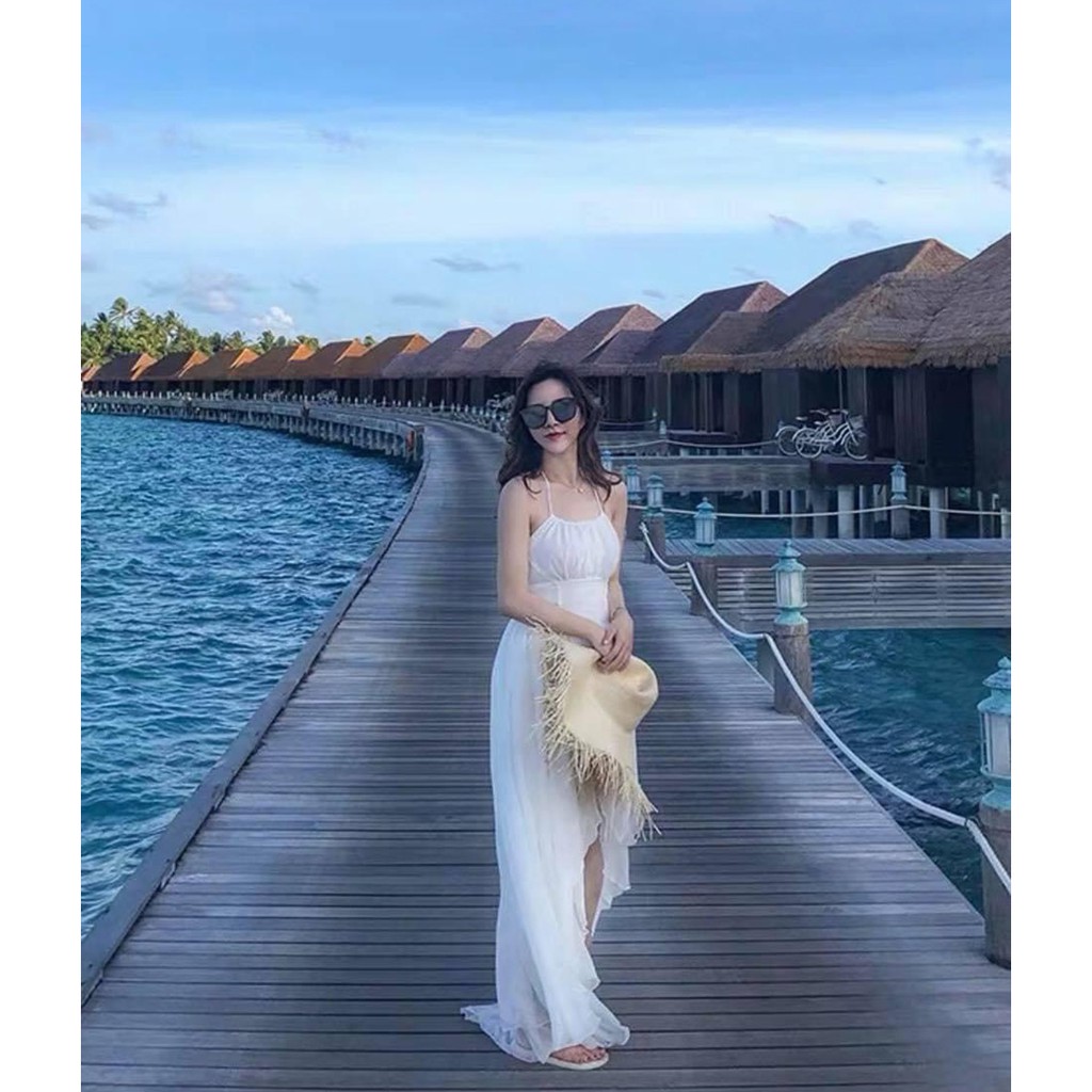 Đầm maxi trắng đi biển hay dây hớ lưng xẻ tà Hakieu MSP042