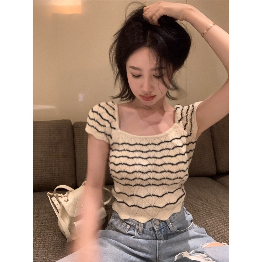 Cocory vn Áo Thun Dệt Kim Ngắn Tay Cổ Vuông Họa Tiết Kẻ Sọc Form Ôm Thời Trang Mùa Hè