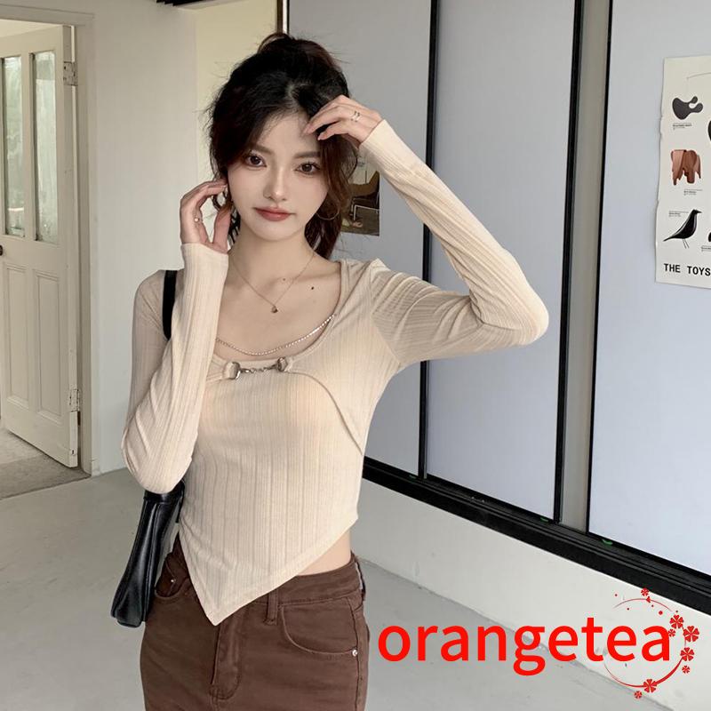Áo Croptop Tay Dài Cổ Chữ U Màu Sắc Thời Trang Cho Nữ