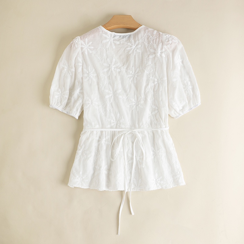 Áo ZANZEA tay phồng thêu hoa thắt dây phong cách Hàn Quốc ngọt ngào cho nữ