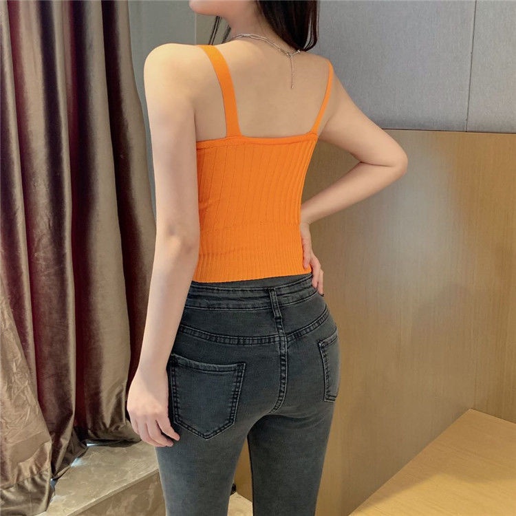 Áo dệt kim không tay cổ chữ V hở lưng họa tiết kẻ sọc