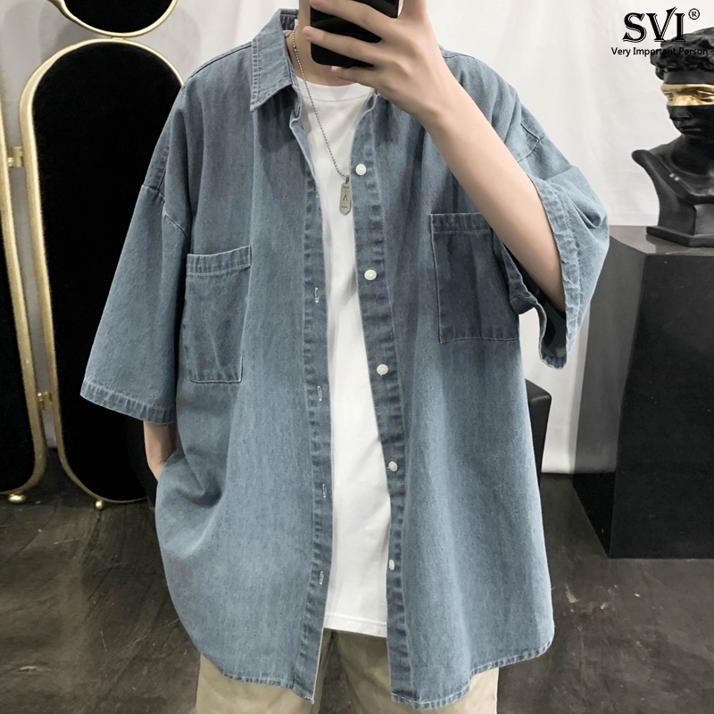 Áo Sơ Mi Denim Tay Ngắn Thời Trang Hè Phong Cách Hàn Quốc Nam Tính