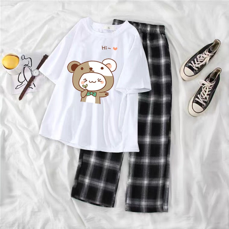 Sét Áo Phông trắng in hình + quần kẻ đen, Áo thun from rộng, Chất đẹp không xù, quần suông ống rộng, Sét bộ mặc ở nhà