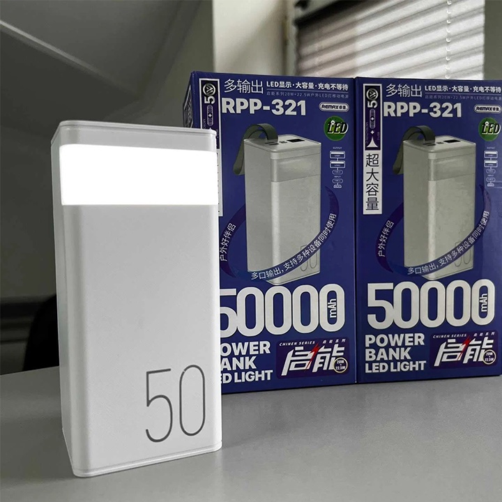 Pin dự phòng sạc nhanh Remax RPP-321 dung lượng 50000mAh đèn pin chiếu sáng - hỗ trợ QC 22.5 và PD 20W (2 màu tuỳ chọn)